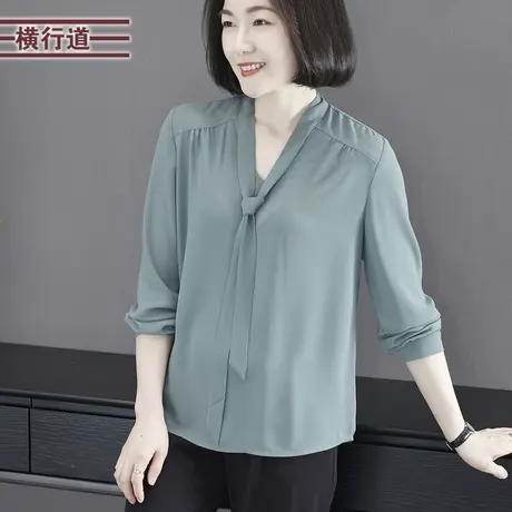 2025春季新款纯色简约丝巾领宽松雪纺长袖女装外穿大码休闲上衣商品大图