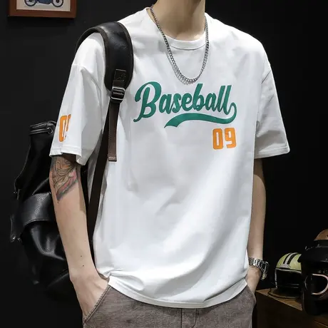 白色短袖t恤男士潮牌大码夏季2023新款衣服男款纯棉男装印花体恤商品大图