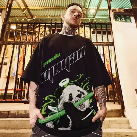 国潮熊猫t恤胖子男潮ins短袖潮牌宽松夏季加肥加大码五分半截袖商品大图