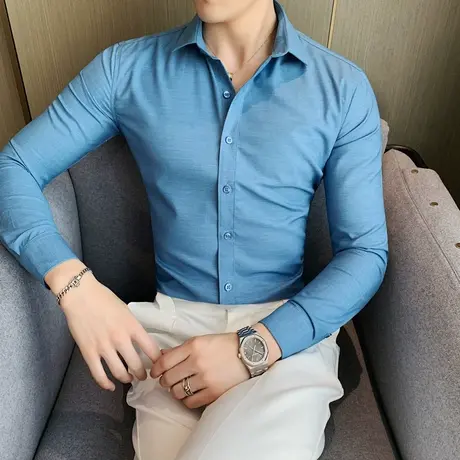 2023浅蓝长袖衬衫男竹纤维修身抗皱弹力丝滑衬衣高级感西服内搭潮商品大图