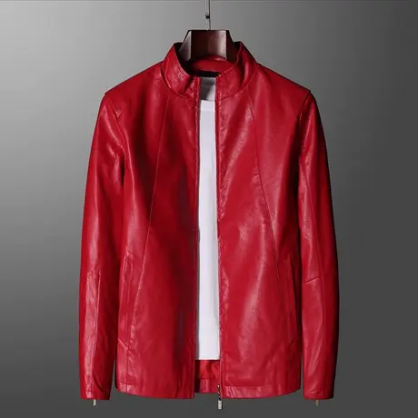 春秋季机车男皮衣夹克外套红色男装PU加肥加大码休闲皮尤上衣服潮图片