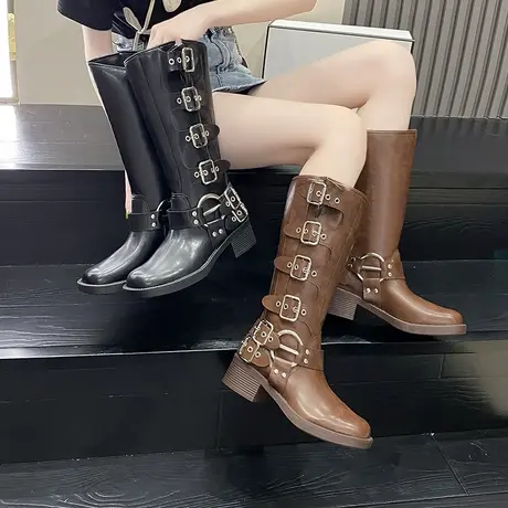 皮带扣靴子女2023新款复古长靴西部牛仔靴棕色爆款高筒靴中筒靴图片