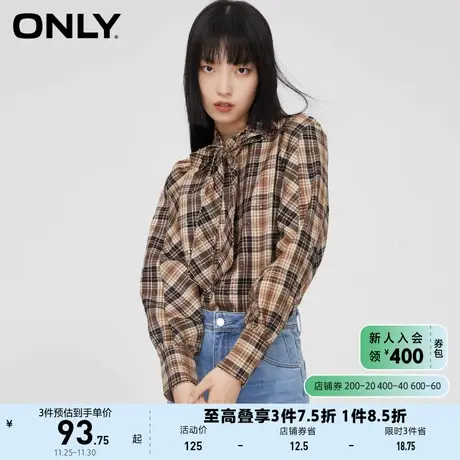 ONLY奥莱夏季长袖复古格子系带领泡泡袖衬衫女商品大图