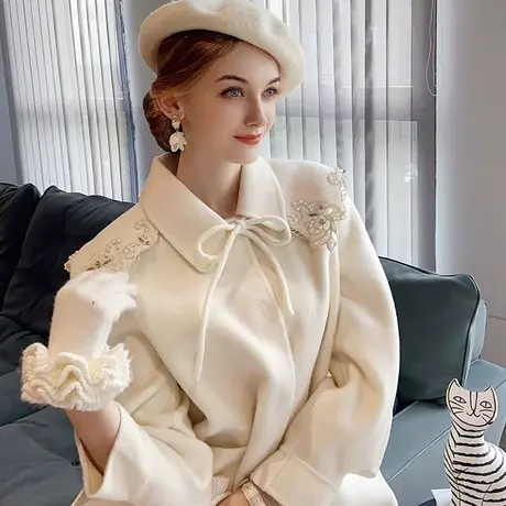 粉红大布娃娃宽松甜美外套气质名媛优雅双面呢大衣女春图片