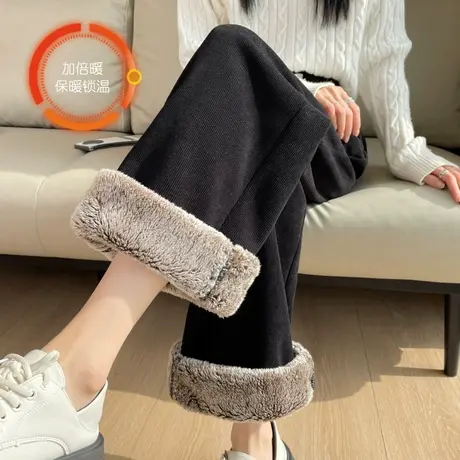 休闲裤羊羔厚绒加绒加厚直筒裤条绒2023新款冬季雪尼尔裤子阔腿裤商品大图