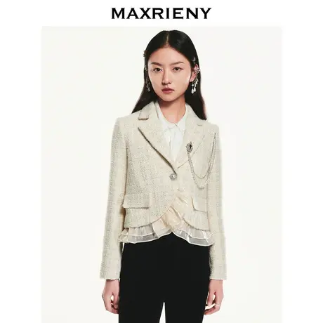 MAXRIENY小香风奶油色粗花花纱短外套通勤冬装新款外衣女装商品大图