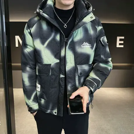 2023冬季辛苦男士拼色格子连帽羽绒服时尚休闲百搭加厚棉服小外套图片