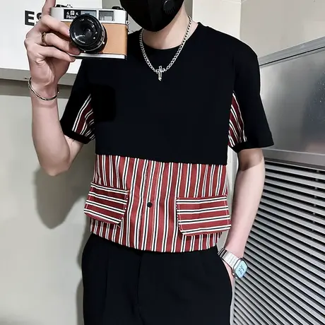 夏季男士时尚条纹拼接男短袖上衣t恤新款2023潮男工装夏天t恤短袖商品大图