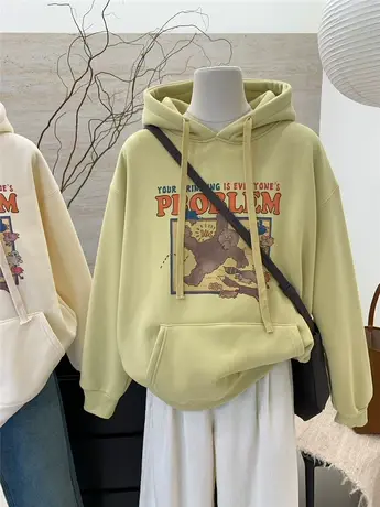 2023新款爆款冬季韩系百搭宽松加绒加厚慵懒连帽卫衣女多巴胺外套商品大图