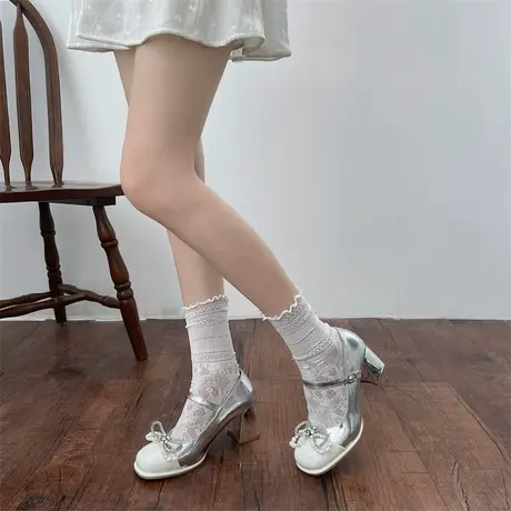 银色玛丽珍鞋女2023秋冬季新款珍珠水钻蝴蝶结高跟鞋配裙子小皮鞋商品大图