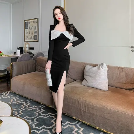 新款低胸大方领性感晚礼服女收腰开叉中长款显瘦包臀小礼服连衣裙商品大图