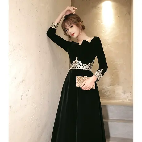 黑色晚礼服女2023新款中式高端大气丝绒年会名媛宴会气质长袖长款图片