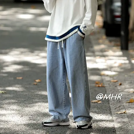 宽松牛仔裤男秋冬季潮牌纯色直筒垂感chic潮流青年港风休闲长裤子商品大图