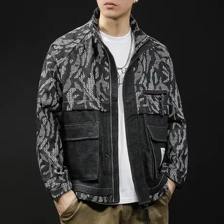 潮牌工装牛仔外套男春秋2024新款大码男士花纹夹克多口袋男装春季图片
