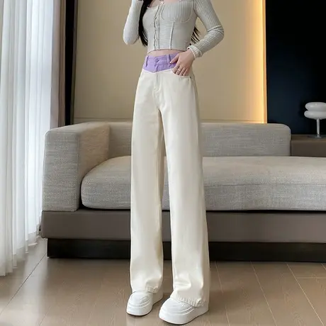 紫色窄版阔腿裤女春秋款高腰直筒梨型身材女裤子宽松显瘦牛仔裤子商品大图