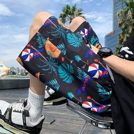 冰丝速干沙滩裤男夏季薄款潮牌花短裤可下水游泳裤五分宽松大裤衩商品大图