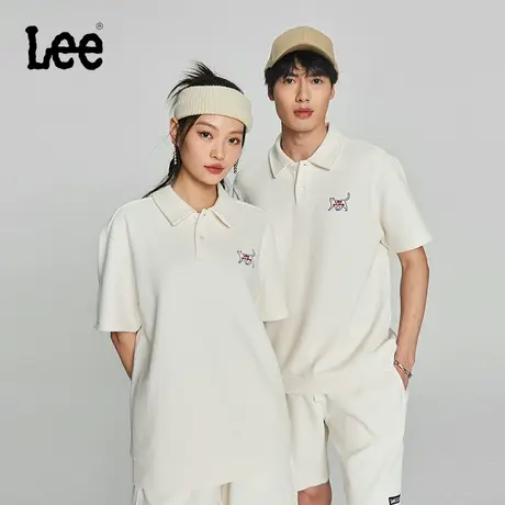 Lee24早春新品舒适版翻领华夫格动物图案米白色男女同款Polo短袖图片
