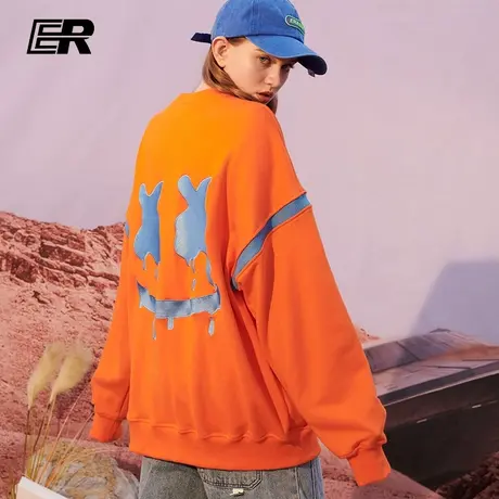 ER撞色圆领国潮卫衣男潮流秋季薄款情侣装2022新款宽松嘻哈bf风商品大图