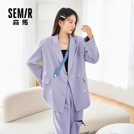 森马西装外套女设计感小花2021秋季款紫色甜酷显瘦宽松彩色西服商品大图