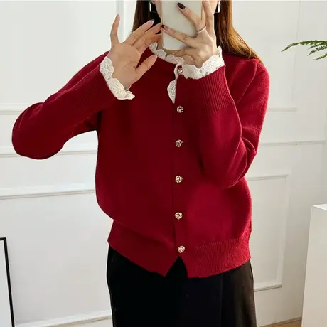 春装2024年女装本命年红色开衫毛衣女秋冬2023新款针织衫外套爆款图片