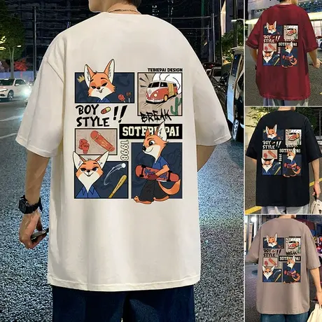 纯棉短袖T恤男夏季潮牌ins半袖宽松港风chic国潮小狐狸印花体恤衫图片