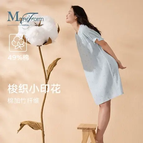 曼妮芬棉质生活轻薄睡衣棉粘纤梭织圆领短袖花朵印花宽松睡裙新品图片
