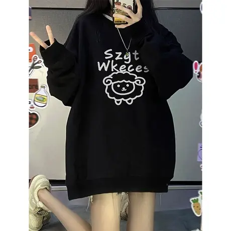 美式复古圆领超火卫衣女2022新款秋冬加绒加厚ins潮宽松大码上衣图片