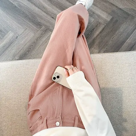 粉色哈伦牛仔裤女春秋季新款梨形身材高腰显瘦宽松遮胯老爹萝卜裤图片