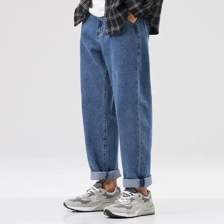hansca高街蓝色牛仔裤男宽松直筒青少年秋季潮牌大码复古水洗长裤商品大图