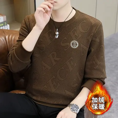 2023秋冬新款男士加绒加厚长袖T恤衫加肥加大码宽松高档提花卫衣图片
