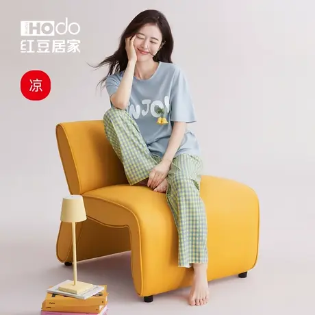 红豆【凉凉衣】女士短袖长裤睡衣凉感棉套装格纹可外穿宽松夏款商品大图