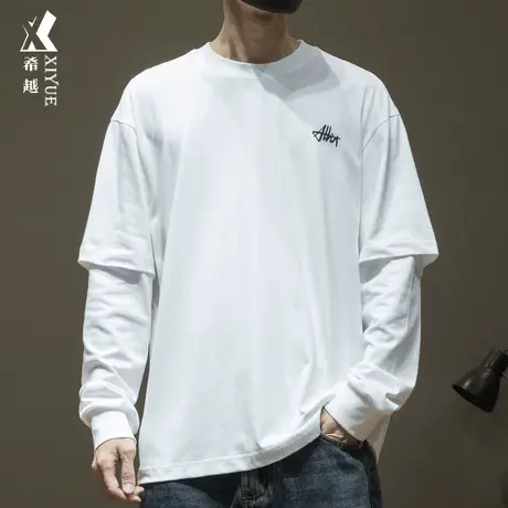 希越美式假两件短袖t恤男春夏设计感230g珠地棉宽松大码男士体恤商品大图