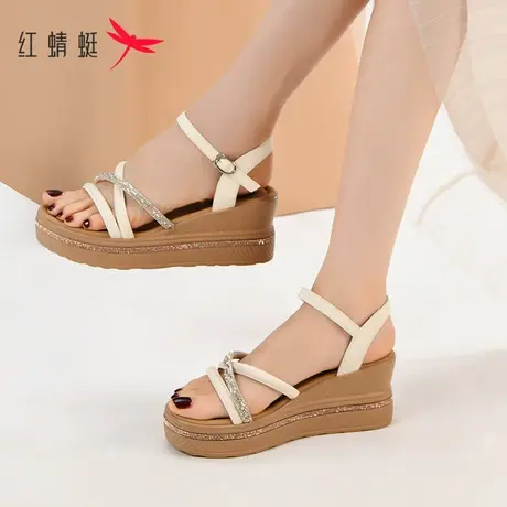 红蜻蜓厚底坡跟凉鞋女2023年新款百搭不累脚夏季女鞋一字带高跟鞋商品大图