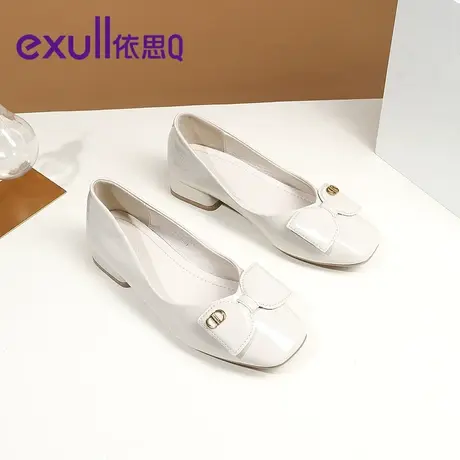 依思q2023春秋季白色单鞋女低跟浅口方头蝴蝶结漆皮软底小皮鞋商品大图
