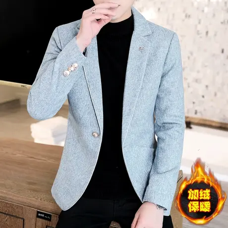 冬季加绒小西装男士韩版帅气青年加厚毛呢西服外套呢子男装上衣潮商品大图