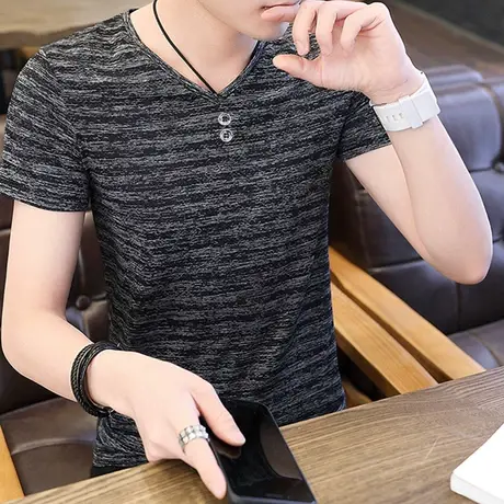 夏季男士短袖t恤V领2023新款休闲体恤打底衫时尚半袖衣服夏天男装商品大图