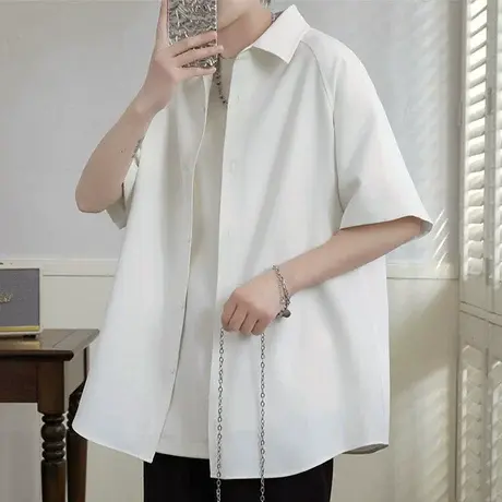 冰丝短袖衬衫男士夏季潮流宽松易打理白色衬衣休闲百搭半袖寸潮衫商品大图