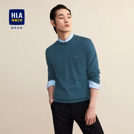 HLA/海澜之家圆领纯色长袖针织衫秋冬胸前刺绣修身打底衫毛衣男款图片