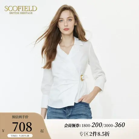 Scofield女装通勤法式抽褶V领气质收腰优雅白衬衫2023年秋季新款商品大图