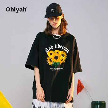 Ohlyah美式复古向日葵花卉短袖T恤女宽松vintage无性别穿搭上衣商品大图