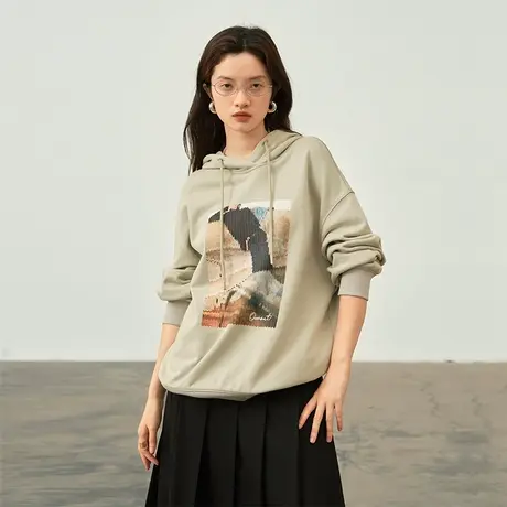 omont蛋挞家 复古印花连帽卫衣女秋冬2023新宽松休闲百搭帽衫上衣商品大图