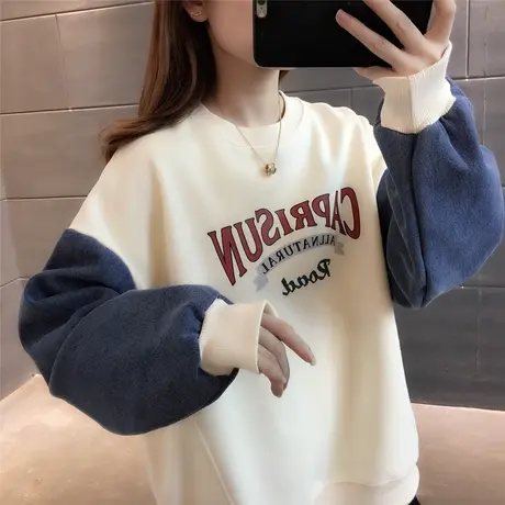 秋冬2023新款卫衣设计感拼接加绒撞色字母印花长袖宽松韩版上衣女图片
