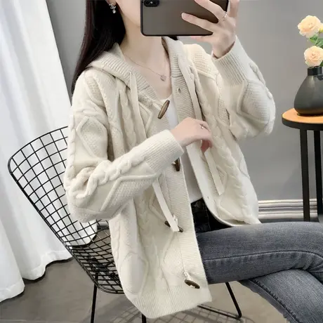 连帽牛角扣毛衣外套女2023春秋新款宽松慵懒风外穿上衣厚针织开衫商品大图