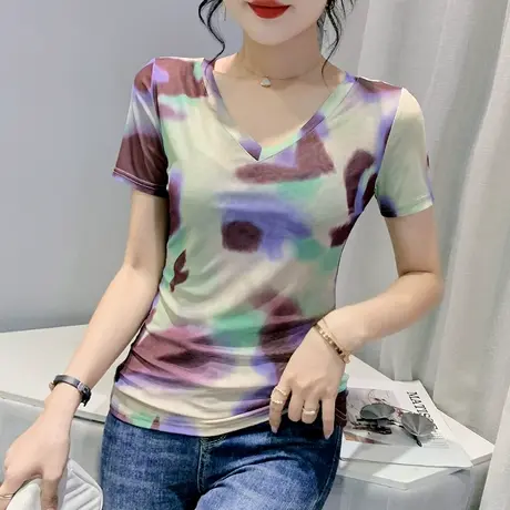 性感网纱小衫女装2023新款时尚V领扎染印花t恤设计感洋气百搭上衣商品大图