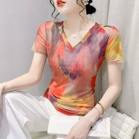 性感V领网纱T恤女短袖欧货洋气扎染小衫修身显瘦体恤别致时尚上衣商品大图