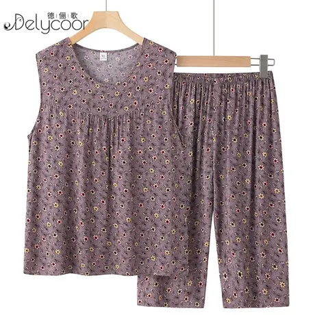 棉绸妈妈夏季2023新款无袖背心套装中老年人女装奶奶睡衣夏天衣服商品大图