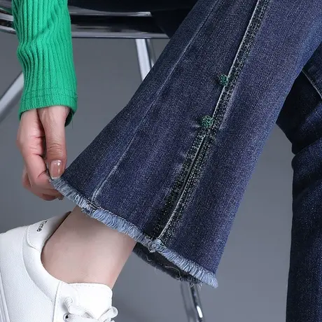 高腰毛边微喇牛仔裤女春秋2023新款复古显瘦马蹄裤子开叉微喇叭裤图片