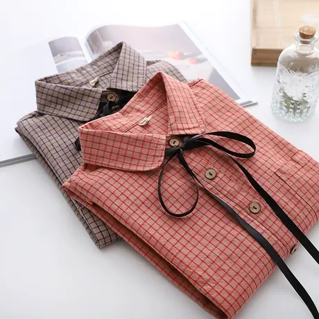 2020年春秋日系文艺小清新系带格子衬衫女娃娃领学生百搭打底衬衣商品大图