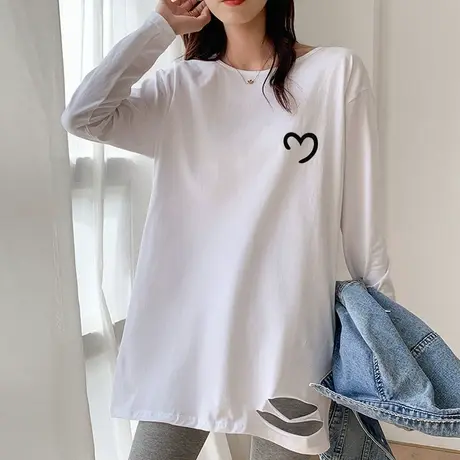 白色中长款爱心印花宽松T恤女慵懒风破洞打底2022年秋季纯棉内搭图片