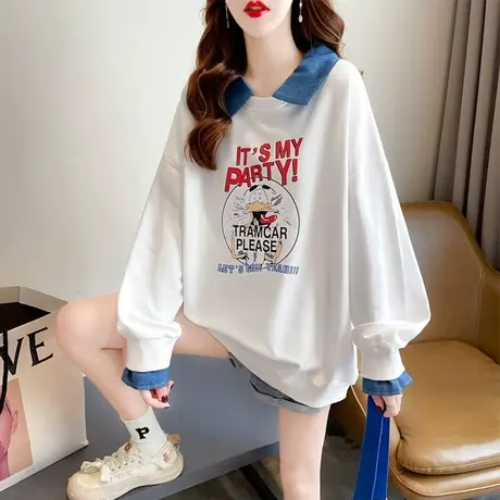 早春装牛仔领卫衣女春秋季韩版宽松薄款翻领polo衫假两件上衣外套图片